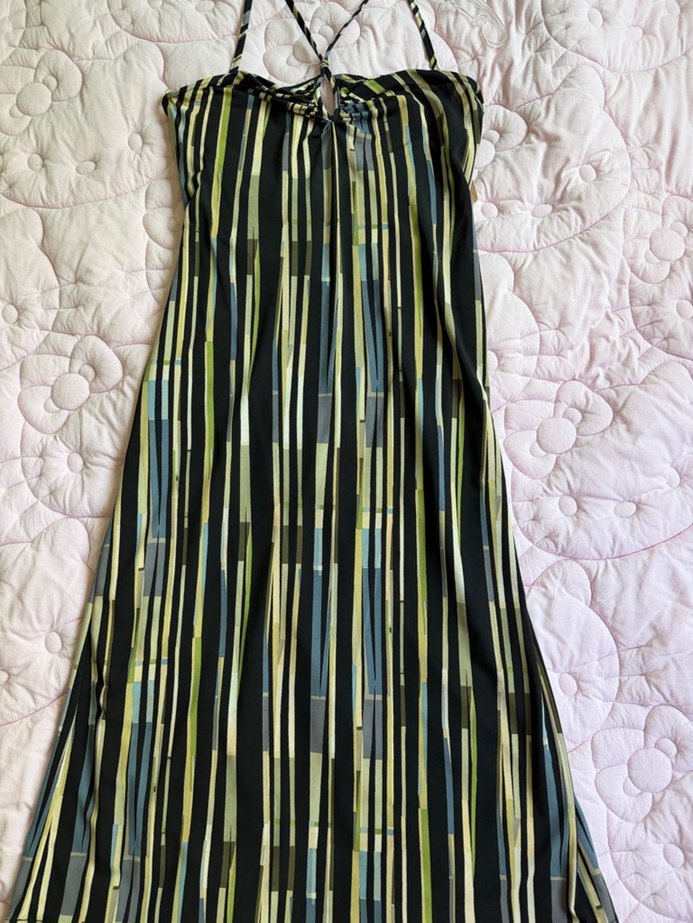 BCBGMaxAzria Black and Beige Striped Backless Slip Dress